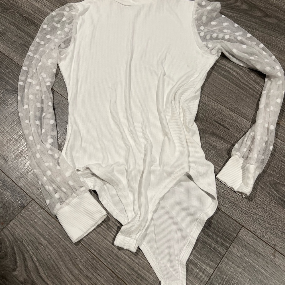 Source Unknown White Bodysuit with Sheer Polka Dot Sleeves
